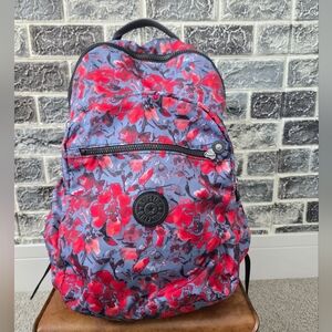 Kipling Unisex Floral Backpack with Red and Gray Design